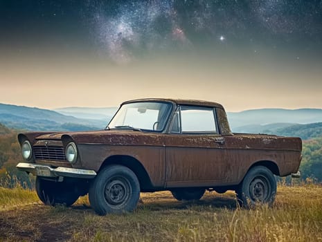 An old, heavily rusted pickup truck sits parked on a grassy hilltop, with layers of distant mountains in the background and a starlit sky above. It appears to be a classic vehicle left in nature.