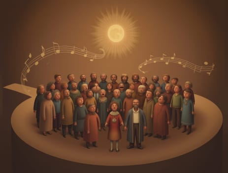 The image shows a diverse group of people singing in a choir. They are illuminated by a bright, celestial light. Musical notes hover above them, symbolizing their unified voices in song. They are on a stage.