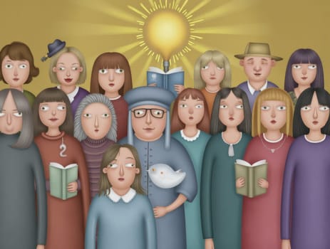 An illustration showcases a diverse group of people standing together under a radiant lightbulb, symbolizing enlightenment. Some are reading, while others look on, creating an atmosphere of learning and contemplation.