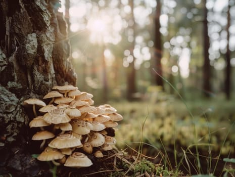 A cluster of mushrooms flourishes at the foot of a tree in a sunlit forest. Soft sunlight filters through the canopy, casting a magical glow on the natural scene. The forest is vibrant and alive.