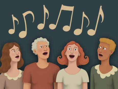 A quartet sings joyfully, their faces upturned toward floating musical notes against a dark background, illustrating the universal language and unifying power of shared musical experiences.