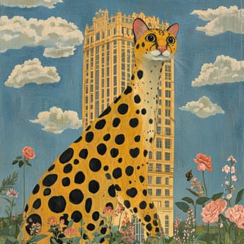 An artwork depicts a whimsical juxtaposition of a leopard in an urban garden setting with a tall building backdrop, under a blue sky with scattered clouds, a playful and surreal image.
