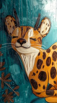 A stylized depiction of a wildcat with brown spots against a teal backdrop. Rendered in an textured painting style, it shows the cat's peaceful, closed-eye expression with decorative floral elements.