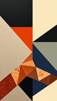 This abstract artwork showcases intersecting geometric shapes, primarily triangles and polygons. The composition features a blend of textures and a color palette dominated by warm hues. The artistic style lends itself to a modern aesthetic.