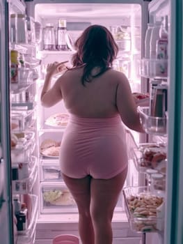 Inside the soft glow of an open refrigerator, a woman, viewed from behind, is choosing a snack in the kitchen. She's in pink lingerie, illuminated by the fridge's bright interior.