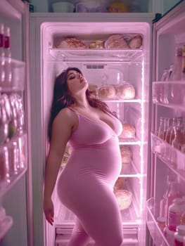 An image of a woman in a pink jumpsuit leans into a refrigerator filled with various foods, illuminated by a glowing pink light that sets a surreal and dreamlike tone.