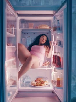 A woman wearing a pink bodysuit is relaxing inside an open refrigerator filled with food and drinks, creating an intimate and dreamy scene with a sense of relaxation and abundance.