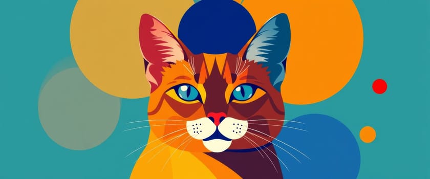 This artwork presents a stylized cat portrait with sharp lines and bright hues, set against a background of blue and orange circles. The art style is modern and geometrical.