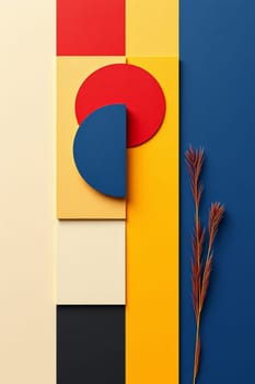 An abstract arrangement featuring primary color geometric shapes. A red circle and blue semi-circle overlap yellow rectangles, complemented by foliage on a solid blue backdrop. Flat lay style.