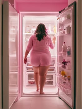 A woman wearing pink pajamas stands barefoot in a brightly lit, all-pink kitchen, peering into a well-stocked refrigerator. The scene conveys a late-night snack craving.