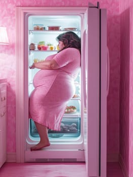 In a dreamlike pink kitchen, a woman in a pink nightgown stands barefoot in an open refrigerator, seeking a late-night snack. Shelves are filled with various foods, creating a surreal scene.