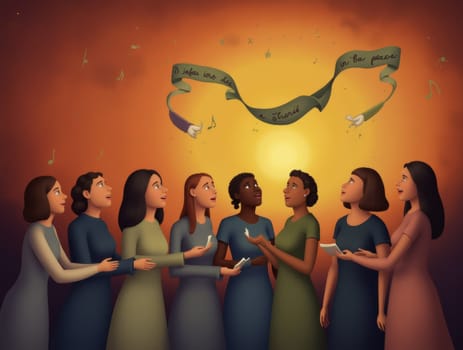 A group of women from different backgrounds sing together, their voices blending harmoniously. The sun sets behind them, casting a warm glow, while a banner above displays words of encouragement.