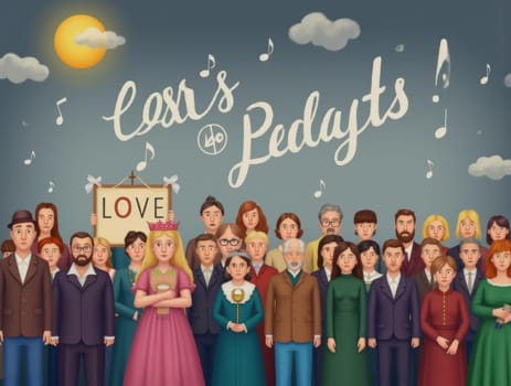 An illustration depicting a diverse group of people against a light blue background, interspersed with musical notes and clouds, with some holding a sign that reads 'LOVE'.