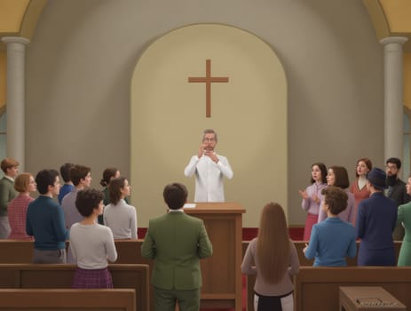 A church congregation, multi-ethnic, attentively listens to a speaker at a podium, inside a classic, neutral-toned church, a wooden cross on the wall, a diverse gathering for worship.