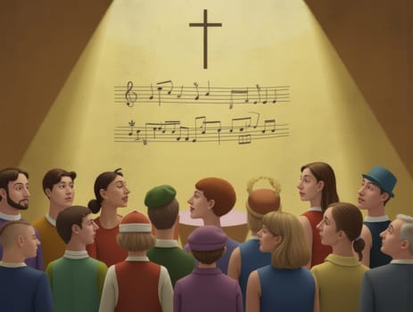 A diverse group of people stands facing a yellow wall illuminated by a spotlight, looking at a musical score and a religious cross. They are gathered in a place of worship or performance.