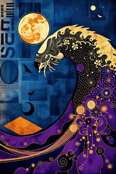 Stylized digital artwork showcases a wave with Japanese oriental elements, contrasted by shades of navy and purple. Celestial elements include an orange moon, with geometric shapes.
