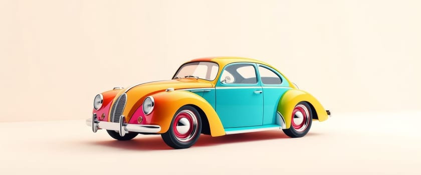 A vibrant classic car in a studio setting, its body painted in a stunning mix of rainbow colors. The design offers a nostalgic nod, blending vintage charm with bright, modern aesthetics.