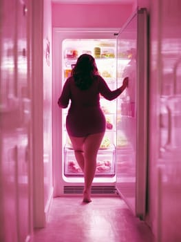 In a brightly pink hued space, a woman walks barefoot toward an open, brightly lit refrigerator. Wearing a dress, her hand rests on the fridge door as she looks for food. This is a nighttime scene.