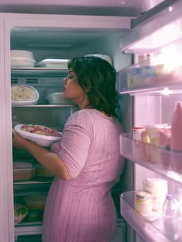Inside a brightly lit refrigerator, a woman in a pink dress searches for ingredients. She carefully holds a bowl of food as she scans the shelves lined with various containers and food items.