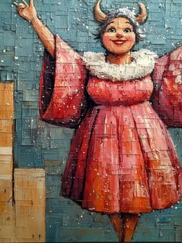 A vibrant, stylized illustration portrays a cheerful woman with a horned hat, adorned in a textured red dress with a white fur collar, set against a painted, blocky blue background.