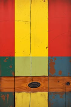 The abstract image features colorful blocks arranged in a grid, with a striking combination of wood paneling. The interplay between textures create a visually engaging composition.