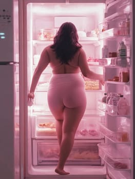 Back view of a woman bathed in the pinkish light of an open refrigerator, searching for something to eat in the middle of the night. A snapshot of vulnerable hunger and late night cravings.