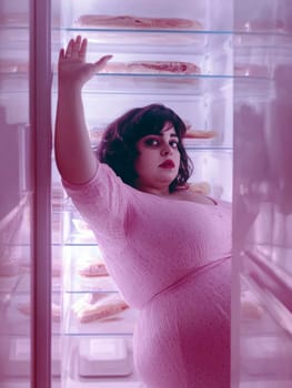 A woman in a pink dress reaches into a refrigerator, illuminated with pink lighting. The refrigerator is filled with various deli meats on glass shelves. She has a hungry expression on her face.