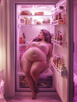 The image captures a woman in a pink bodysuit sitting inside a refrigerator, surrounded by various food items, softly illuminated by a pink light, creating a dreamlike scene.