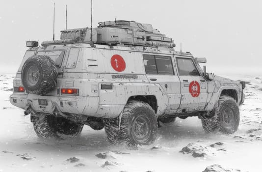A rugged all-terrain vehicle, marked with a red symbol, boldly navigates a vast, snow-covered expanse. The modified truck is ready for the rough conditions. Snow is falling.