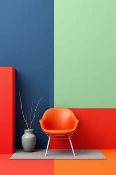 A vibrant and modern art installation showcasing an orange chair, a gray vase, and a geometric arrangement of different colors. The setting is minimalist and graphic.