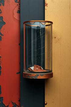 A contemporary abstract study featuring a glass cylinder enclosing a fragment, set against a backdrop of panels in red, mustard, and black, showcasing textured surfaces and a modern aesthetic.