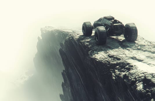A dark, rugged all-terrain vehicle sits precariously on the edge of a sheer rocky cliff. The scene is shrouded in mist, creating an atmosphere of adventure and unknown challenges.