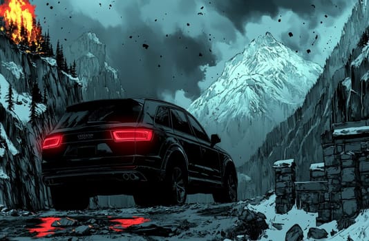 A sleek black SUV is seen from the rear, navigating a snowy mountain pass under a dark, cloudy sky. Tail lights glow red. The scene is punctuated by a distant fire and rugged peaks.