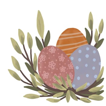 hand drawn happy easter eggs of blue orange color with stripe polka dot ornament with branches leaves nest. Colored religious Christian symbols for cards design celebration banner, simple minimalist design for spring holiday art