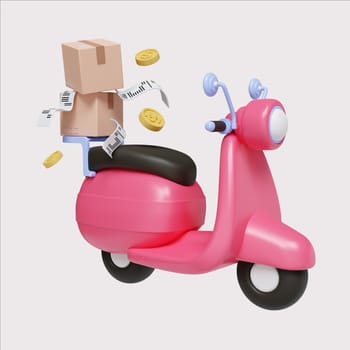 A stylish delivery scooter loaded with boxes and coins, perfect for logistics and shipping themes.