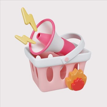 A vibrant 3D render illustration of a megaphone in a shopping basket surrounded by lightning bolts, ideal for announcements and promotions.