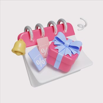 A vibrant 3D render illustration of a calendar featuring a gift box and discount symbols, perfect for promotions and events.