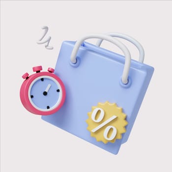 A colorful shopping bag with a timer and discount label, perfect for promotions and online shopping themes.