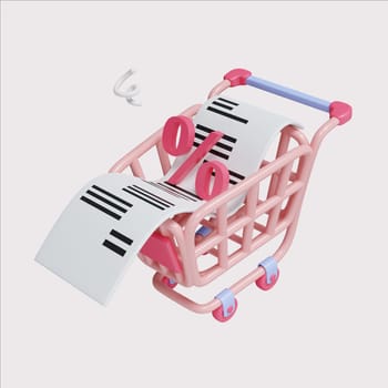 A vibrant 3D render of a shopping cart with a sale receipt, ideal for retail and e-commerce projects.