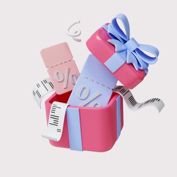 A delightful 3D render of a gift box overflowing with discounts and tags, perfect for seasonal sales.