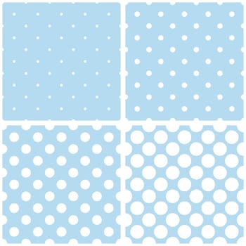 Blue background vector set. Sweet seamless patterns or textures with white polka dots on pastel, colorful background: baby blue, grey and violet