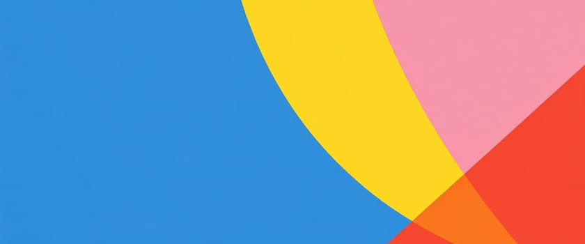 A contemporary abstract composition featuring bold blocks of color. Blue, yellow, pink, red and orange hues form geometric shapes and curves, creating a lively and visually appealing image.