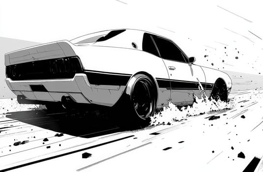 Monochromatic image of a car drifting and splashing water with emphasis on its rear end. The illustration features a white vehicle with a black stripe, set against a stylized, minimal background.