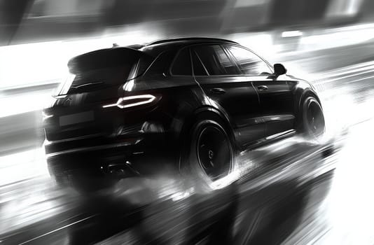 A dark-colored sport utility vehicle is depicted traveling at high speed. Motion blur gives the impression of great speed as the car navigates the road. The illustration highlights its dynamic design.