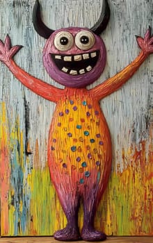 A bright and cheery monster with horns stands against a backdrop of painted vertical lines. The figure sports a purple head, a colorful body with spots, and a wide toothy grin.