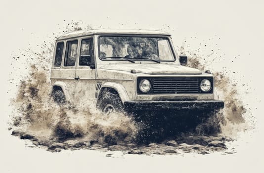A vintage, boxy off-road vehicle navigates a muddy terrain, with water and mud splashing around its wheels. The image is stylized with brush stroke effects, enhancing motion and ruggedness.