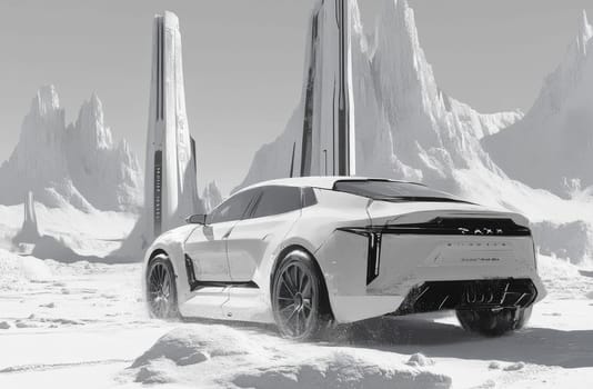 A white car races across a snowy landscape, towers rise in the distance, creating a futuristic atmosphere. The sleek design of the vehicle contrasts with the barren environment.