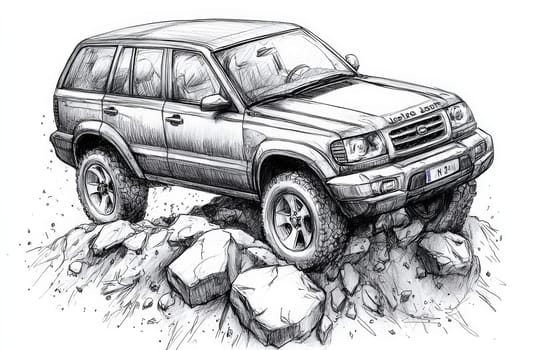 A detailed black and white sketch showcases a four-wheel drive SUV skillfully traversing a challenging landscape filled with rocks and uneven terrain, symbolizing adventure and off-road driving prowess.