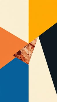 This striking composition balances geometric shapes in yellow, blue, orange, black, and ivory, with a textured triangle. It creates a modern art piece full of color and intriguing contrast.