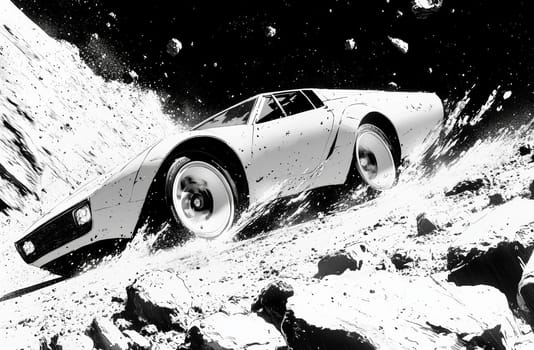 A sleek vehicle is captured in a dramatic, high-contrast monochrome setting. The vehicle appears to be navigating a rugged, otherworldly terrain, emphasizing its powerful presence.